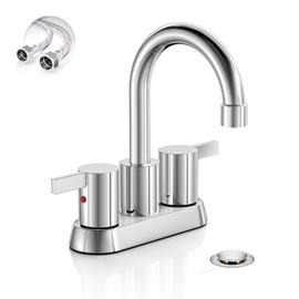 Phiestina 4 Inch Centerset 2 or 3 Holes 2 Handle Chrome Lead-Free Bathroom Faucet, Swivel Spout with Copper Pop Up Drain and 2 Water Supply Lines, BF015-1-C