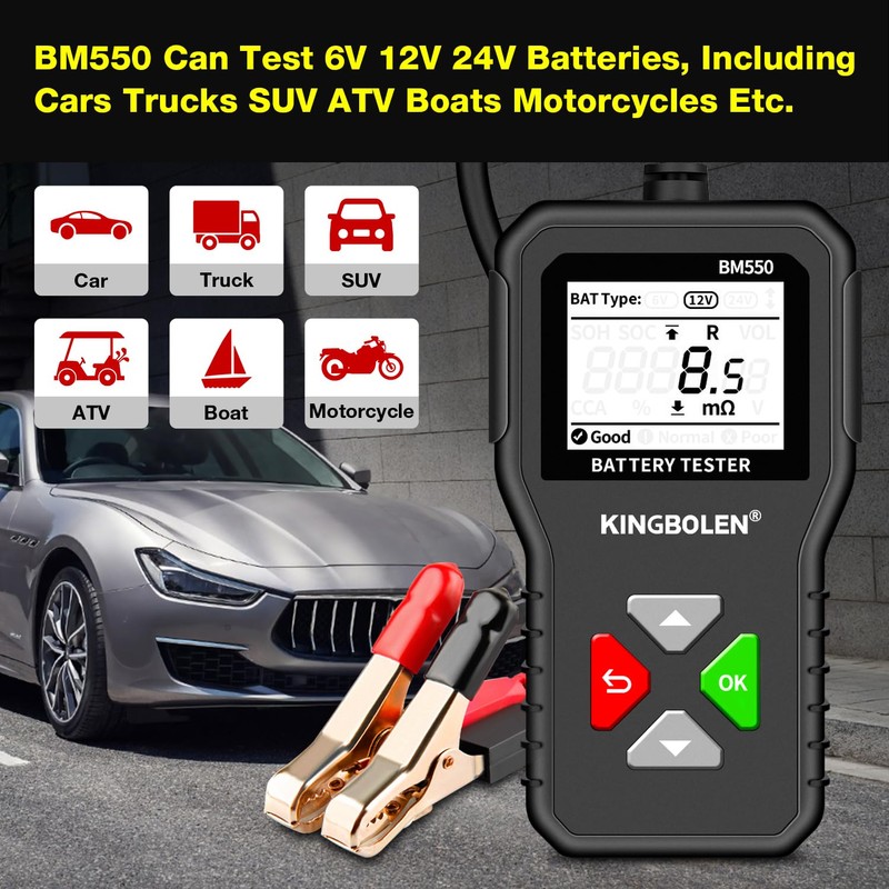 KINGBOLEN BM550 6V 12V 24V Car Battery Tester, 100-2000 CCA