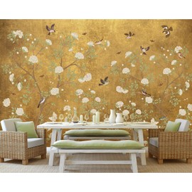 Ausril Plum Blossom Mural Wallpaper, Golden Background Floral Wall Mural, Chinoiserie Bird Flower Mural, Vintage Branches Wallpaper for Living Room, Bedroom, Dinning Room 141"x96"(Not Peel and Stick)