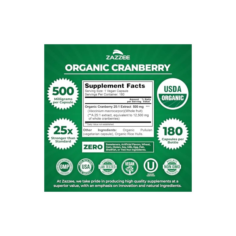 Zazzee USDA Organic Cranberry 25:1 Extract, 500 mg per Capsule,