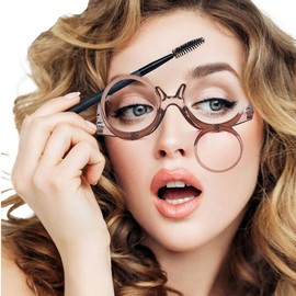 OREUDO Magnifying Makeup Glasses for Women & Men HD Flip Down Lenses for Eyeliner, Mascara, Reading, Watching TV – Lightweight Plastic Frame w/Case & Cloth (coffee brown, 2.5 X)