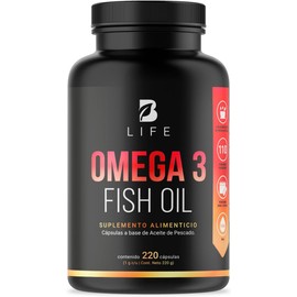 Omega 3 Fish Oil de 220 Cápsulas de 1000 mg. Ingredientes naturales: 100% Aceite de Pescado (EPA y DHA). Omega 3 Fish Oil B Life