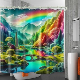 LYFANS Bright Fabric Shower Curtain, Colorful Mountain Theme Design Art Shower Curtain, Bathroom Decoration Set, 12 Shower Curtain Hooks (72 "Wx72 L) Inch Waterproof Shower Curtain.