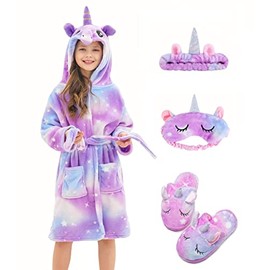 CHETOSHO Soft Unicorn Hooded Robe with Matching Slippers Headband and Blindfold for Girls - Purple White Stars 6-7 Years