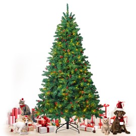 Fencer Wire 7.5 Feet Premium Full Artificial Pre-lit Christmas Tree w/ 1346 Branch Tips Pre-Hinged & Foldable Stand, 550 LED Lights, Holiday Fake Xmas Tree w/Pinecones, Berries for Indoor Decoration