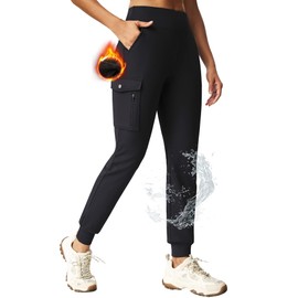 Ewedoos Fleece Lined Joggers Women Water Resistant Thermal Sweatpants High Waisted Hiking Cargo Pants with Pockets Black