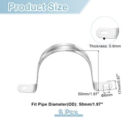 sourcing map 6Pcs Rigid Pipe Straps, 50mm(1.97") 201 Stainless Steel 2 Hole U-Shaped Bracket Tube Hanger Pipe Clamps for Fixing Pipe Cable
