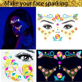8 Sheets Face Tattoo Sticker luminous with glitter Temporary Transfer Tattoos Anti Waterproof Face stickers for Women Girls Make Up Dancer Costume Parties