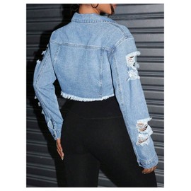 GORGLITTER Women's Cropped Denim Jackets Ripped Raw Hem Collared Button Up Long Sleeve Y2k Jeans Jacket Light Wash Large