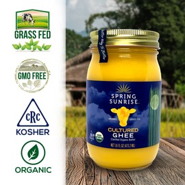 Spring Sunrise Grass Fed Organic Cultured Ghee - USDA Certified Clarified Butter - Keto & Paleo Friendly, Non-GMO, Gluten & Lactose Free Cooking Oil - Sustainably Sourced, 16 oz Jar
