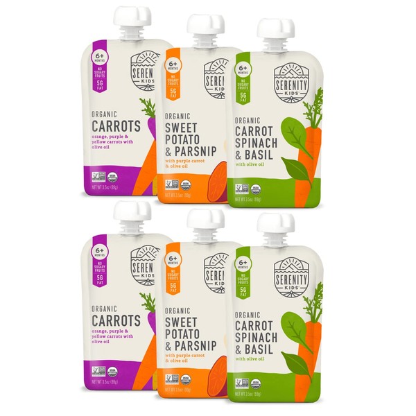 Serenity Kids 6+ Months Certified Organic Baby Food Pouches Veggie Puree | No Sugary Fruits or Added Sugar | Allergen Free | 3.5 Ounce BPA-Free Pouch | Garden Veggie Variety Pack | 6 Count