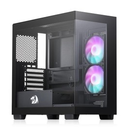 Redragon GC218M Gaming Back-Mounted PC Case, M-ATX Computer Chassis w/ 2 x 120mm Fans Pre-Installed & High Airflow Perforated Panels, 270° Full View, Easy Cable Management, Black