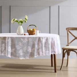 HLC.ME Butterfly Floral Tablecloth Lace Fabric Tablecloth for Oval Table Wrinkle-Free Tablecloth, Patterned Wavy Tablecloth (60W x 84L, White)