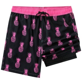 Aueyan Men's Swim Trunks with Compression Liner Pink Pineapple Swimsuit with Pockets Men Beach Shorts 7 Inch Inseam Beach Trunk Man Swimming Shorts,Size XL