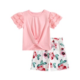 mksodop Girls Clothes 2-Piece Teen Girls clothes Lace Hollow Short-Sleeved Twist T-Shirt And Floral Short Girl Summer Outfits