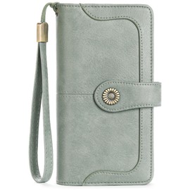 SENDEFN Women's Leather Wallet Large Women Clutch RFID Protection Blocking Large Capacity Long Purse with 24 Card Slots and Wallet Removable Wrist Strap, Cf-Light Green, Fastened