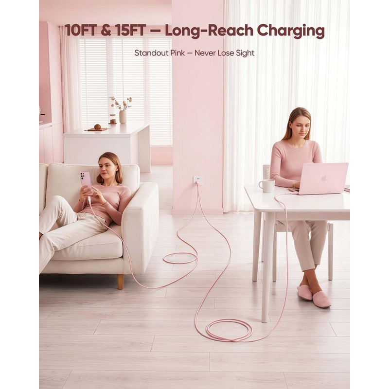 USB C Cable 15FT 2-Pack,Pink USBC 60W Fast Charging for