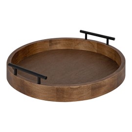 Kate and Laurel Lipton Modern Round Wood Tray, 15.5" Diameter, Rustic Brown with Black Handles, Decorative Accent Tray for Storage and Display