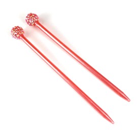 Pink Red crystal ball 2 hair chop sticks accessory picks pins 5.25 inches long plastic