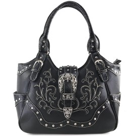 Justin West Tooled Floral Embroidery Buckle Studded Concealed Carry Tote Purse (Black Purse Only)
