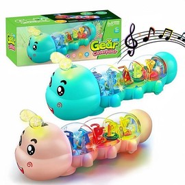 Creative Caterpillar Design Music Car Toy with Sound and Light, 1 Box Transparent Shell & Internal Alphanumeric Display Musical Toy, Kids Toys:_Multicolor_Green