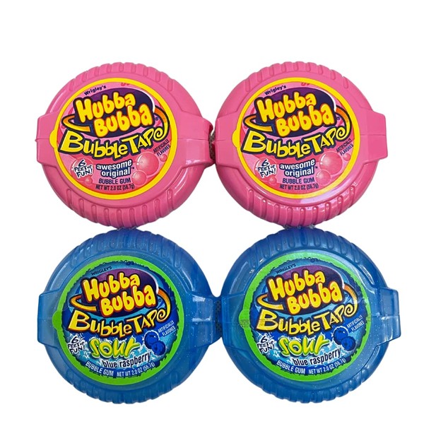 Hubba Bubba Original Bubble Tape and Hubba Bubba Sour Blue Raspberry Bubble Tape Bundle | 6 Feet of Gum Each Tape | 2 Original Flavor Gum and 2 Blue Raspberry Gum | Pack of 4 Total