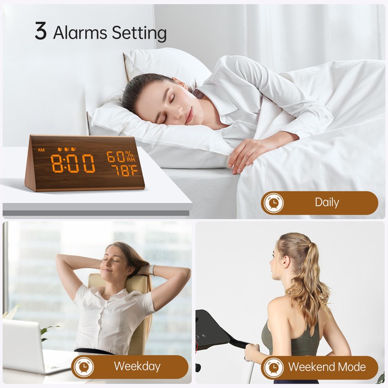 JALL Digital Alarm Clock, with Wooden Electronic LED Time Display,
