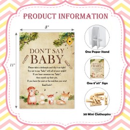 Don't Say Baby Clothespin Game, Woodland Animals Baby Shower Game, One 8x11 Sign and 50 Mini Natural Clothespins, Gender Neutral, Baby Shower Decoration - MJZ14