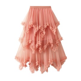 Edhomenn Women's Y2k Tulle Skirt Irregular Pleated Elastic High Waist Layered Tutu Skirt Mesh A-line Midi Skirt Streetwear (05 Orange, ONE Size)