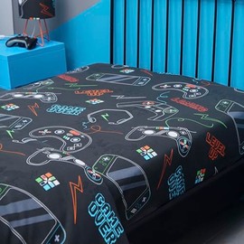 Happy Linen Company Girls Boys Kids Gaming Controller Black Double Fitted Sheet Bedsheet Bedding Bed Linen