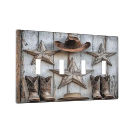 Nijuodnijir Light Switch Covers Rustic Texas Star Barn Cowboy Hat Boots Quad Toggle Electrical Faceplate 4 Gang Wall Plate Decorative Switch Plates For Farmhouse Cabin Decor