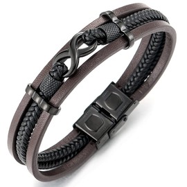 Three-Row Black Infinity Love Number 8 Friendship Brown Black Braided Leather Wristband Bracelet(CA)