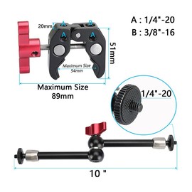 CAMVATE 9.8 inch Adjustable Articulating Magic Arm + Versatile Super Crab Clamp (Red Lock Knobs)-3055
