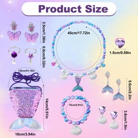 GTNCE 12-Piece Mermaid Jewellery Set for Girls, Children's Jewellery Set with Necklace, Bracelets, Rings, Earrings and Mermaid Fin, Girls' Bag, Princess Jewellery for Birthday and Party, Plastic, No