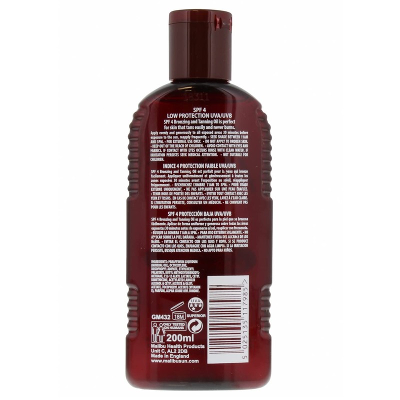Malibu Sun SPF 4 Bronzing Tanning Oil, Water Resistant, Coconut
