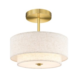 AUTELO Semi Flush Mount Ceiling Light, 12" Gold Light Fixtures Ceiling Mount in Brushed Gold Finish with Drum Fabric Shade for Hallway Bedroom Kitchen, C2506 BG-12