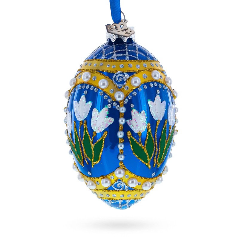 White Flowers and Pearls on Blue Glass Egg Ornament 4