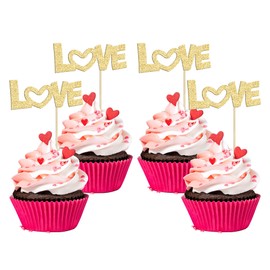 24Pcs Love Cupcake Toppers Glitter with Pink Bow Valentine's Day Cupcake Picks for Valentine's Day Theme Wedding Engagement Bridal Shower Birthday Party Supplies Gold