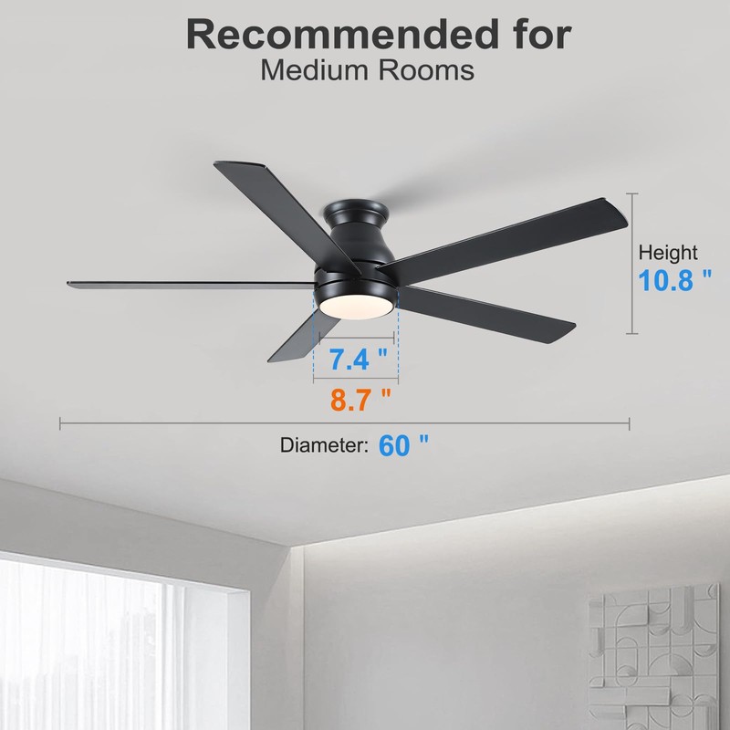 POCHFAN 60 Inch Black Ceiling Fans with Lights and Remote,