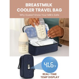 WIBOND Breast Milk Cooler Travel Bag, Real-Time Temperature Display, Holds 4-6 Breastmilk Storage Bag with 2 Breast Milk Ice Pack, Cooling & Waterproof Portable Cooler for Moms on The Go(Navy Blue)
