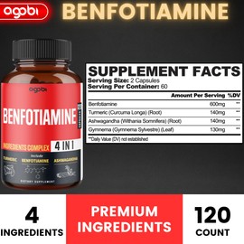 agobi 4in1 Benfotiamine Supplement - 2 Months for Digestion, Energy Production & Immune - Plus Turmeric Curcumin Root, Ashwagandha Root & Organic Gymnema Sylvestre - 120 Capsules