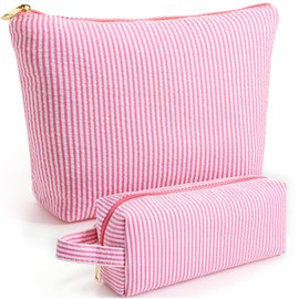 2 Pieces Striped Makeup Bag for Women Seersucker Cosmetic Travel Toiletry Pouch Set Pink Preppy Make Up Skincare Brushes Purse for Teen Girl Gift Gingham (Pink)