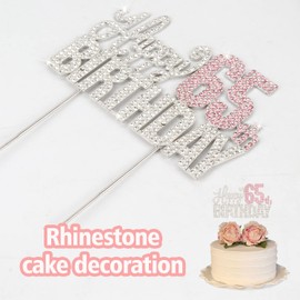 Nelbiirth Decoración para tartas con diamantes de imitación plateados y rosados de feliz 65 años, diseño de «Cheers to 65th Birthday» de metal brillante para decoración de tartas.