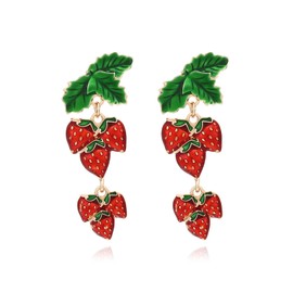 DEYOUM Strawberry Earrings for Women Cute Enamel Lifelike 3D Strawberry Fruit Dangle Earrings Sweet Green Leaf Red Strawberry Dangling Drop Earrings Summer Birthday Jewelry Gifts (Six Strawberry)