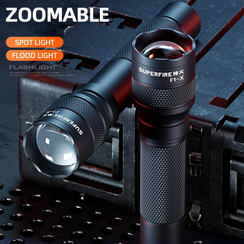 SuperFire F1-X Rechargeable LED Flashlights，Small Tatical Flashlight，Zoomable Flashlight for Home，Camping,