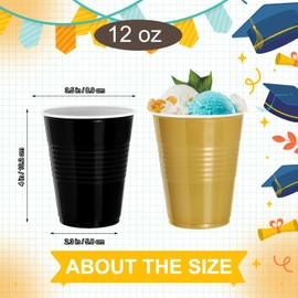 cssopenss 120 PCS Black and Gold Cups Graduation Cups 12 oz Disposable Plastic cups Bulk for Party Graduation Wedding Birthday Family Gatherings and Festive Celebrations