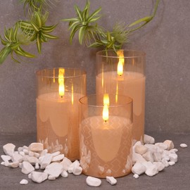 Mark Feldstein & Associates Mid Century Modern Flameless LED Glass Pillar Candles, Set of 3, 6 Inch, Metallic Rose Gold
