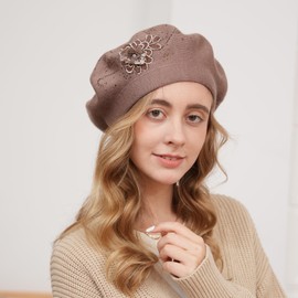 Flower Embroidery Beret Hat for Women, French Style Knitted Beret Hats, Stylish Solid Color Beret Cap for Women Girls Lady Khaki