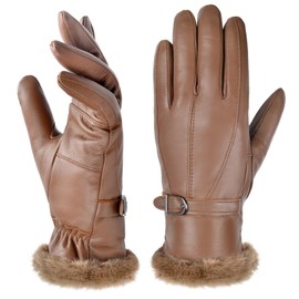 Harssidanzar Leather Gloves Women's Winter Thermal Gloves Dress Leather Gloves Fur Lined SL022US,Cognac,Size M