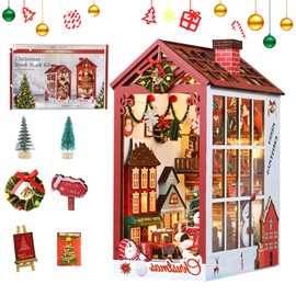 TAEYONK Book Nook Kit, DIY Book Nook Kit with Dust Cover, Miniature House Kit with Sensor LED Light & Music, Contains Rich Christmas Elements, Suitable for Home and Gift Holiday Decorations